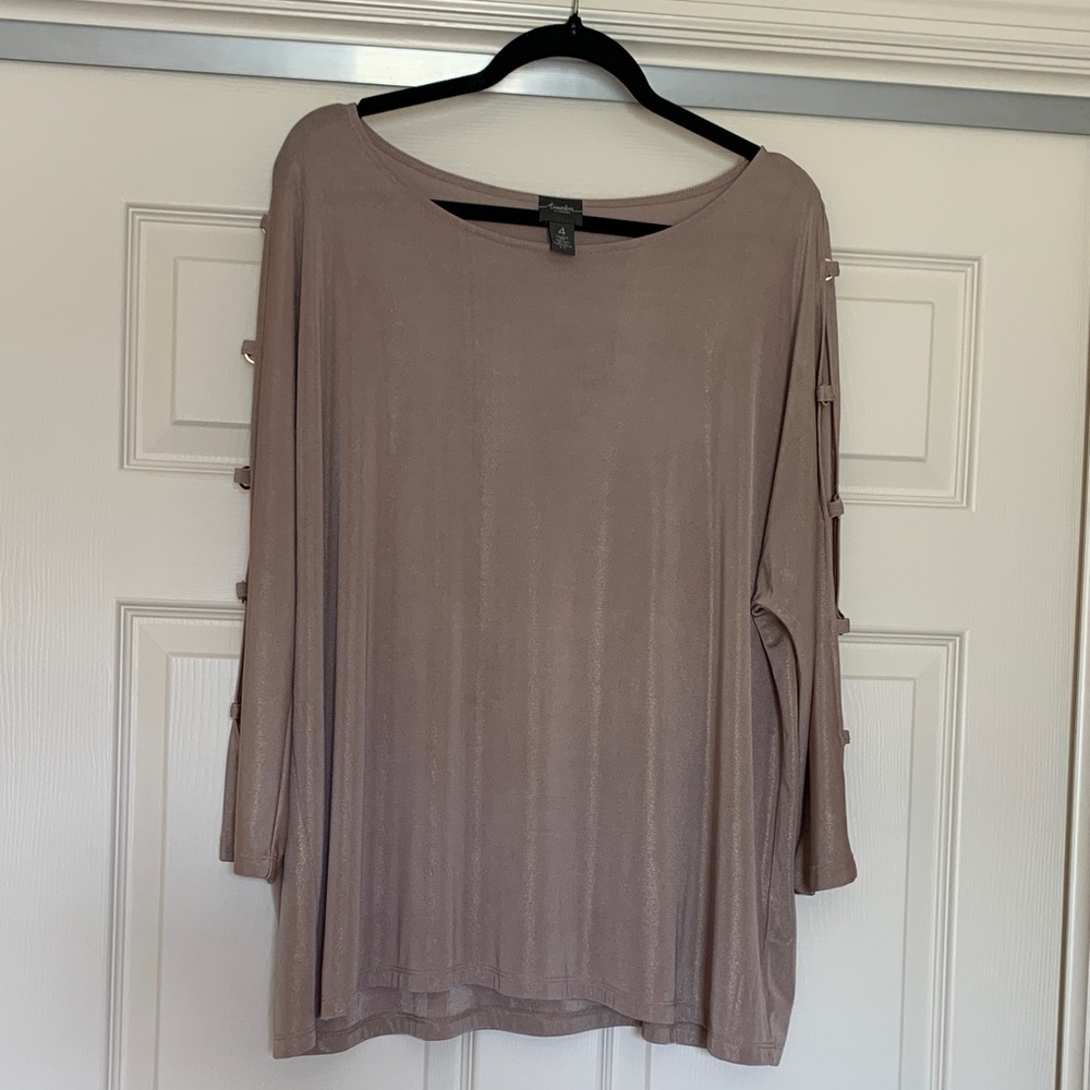 Travelers by Chico’s Gold Shimmer Split 3/4 Sleeve Top Size 4